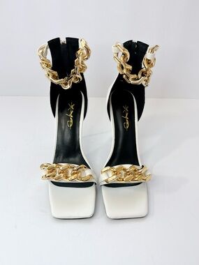 Size 7 White Gold Chain Stiletto Heels Women’s Square Toe Ankle Strap Pumps